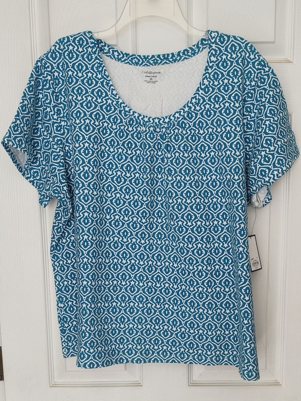 croft & barrow Teal White Geometric Scoop Neck Short Sleeve Top - 3X